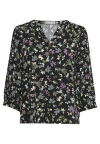 Sort blomsterbluse med V-hals og ¾ ærmer, der har et flerfarvet blomsterprint i lilla, grøn og lyseblå. Glat stofoverflade.