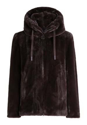 Brown faux fur jacket with a hood, featuring a full zipper, drawstring accents, and a soft, plush texture.
