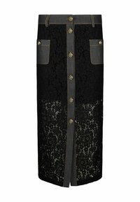 Jupe en dentelle noire avec des accents en denim, présentant des boutons dorés sur le devant et sur les poches, longueur genou avec une coupe droite et un motif floral.
