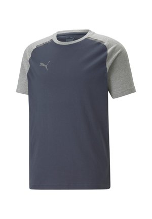 Mænds kortærmet t-shirt i marineblå med grå raglanærmer. Har et PUMA-logo på brystet, lavet af letvægtsbomuldsmateriale.