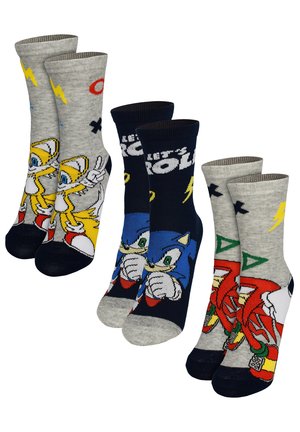 Tre paia di calzini con i personaggi dei cartoni animati Tails, Sonic e Knuckles della serie Sonic the Hedgehog con disegni colorati.