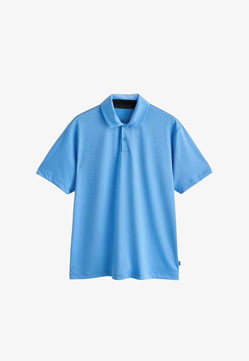 Polo à manches courtes bleu clair avec un motif géométrique subtil, deux boutons et un col classique sur fond blanc.