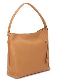 Sac à main en cuir marron moyen avec une seule bandoulière et une poche zippée verticale sur le côté droit avant, posé sur un fond blanc.