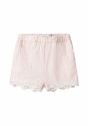 Shorts rose clair avec des rayures verticales rouges, taille élastique, poches latérales et bordure en dentelle festonnée au bas. Fabriqués en tissu doux.