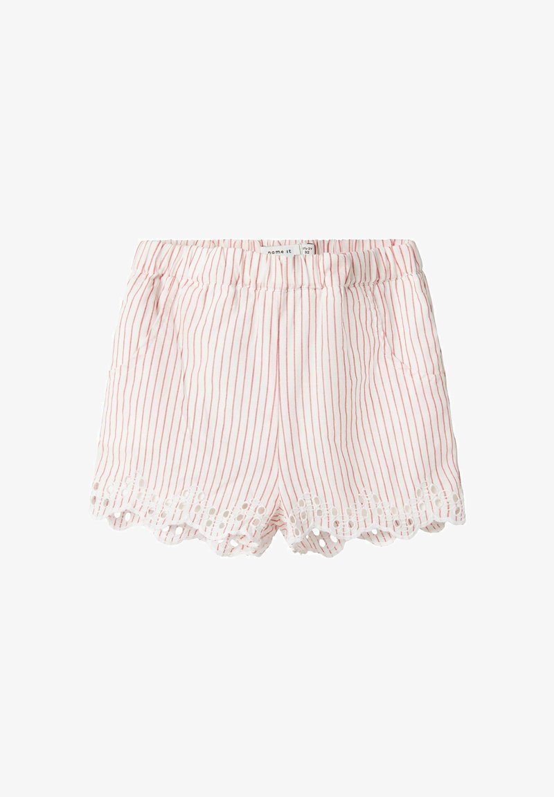 Pantaloni corti rosa chiaro con strisce verticali rosse, vita elastica, tasche laterali e bordo in pizzo scallopato. Realizzati in un tessuto morbido.