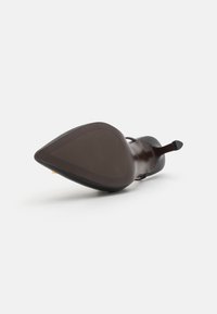 Pantof de damă maro cu toc înalt, cu vârful ascuțit și toc subțire de tip stiletto, având un superior din piele netedă și o talpa din cauciuc.