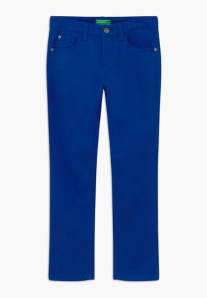Blue straight-leg pants with front pockets, button closure, and belt loops, laid flat on a white background.