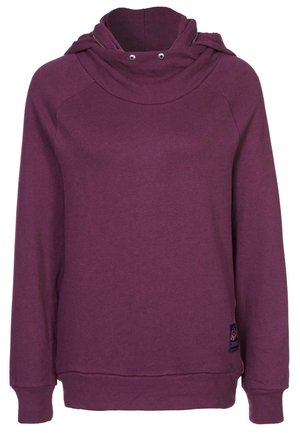 Sweat à capuche violet à manches longues avec un col haut comportant deux œillets métalliques et une petite étiquette en tissu près de l'ourlet inférieur à l'avant côté droit.