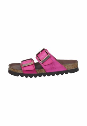 Rosa Sandalen mit zwei Riemen und verstellbaren Metall-Schnallen, Korksohle mit Wellenmuster und strukturiertem Fußbett für Komfort und Unterstützung.