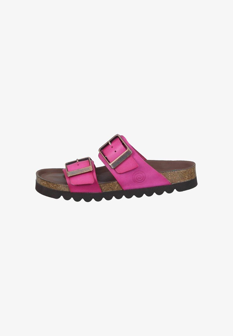 Sandali rosa a due cinghie con fibbie metalliche regolabili, suola in sughero con motivo a onda e soletta testurizzata per comfort e supporto.