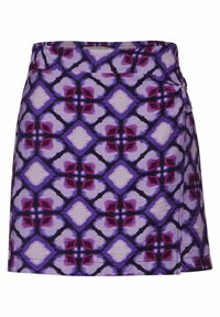 Falda morada con un diseño geométrico en tonos de lavanda y púrpura intenso, confeccionada en un tejido ligero y texturizado.