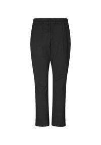 Zwarte, enkellange broek met een elastische tailleband. Gladde stoftextuur, slim fit en geen zichtbare patronen of hardwaredetails.