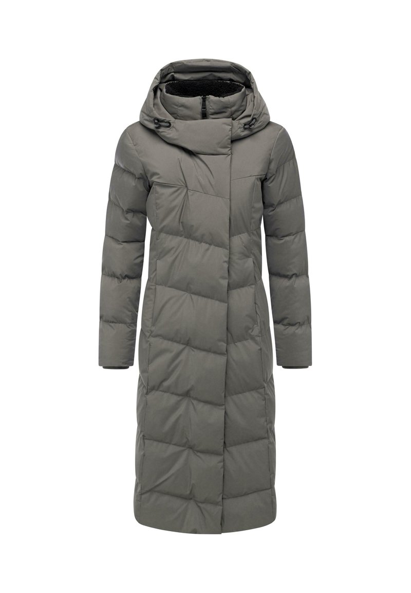 Cappotto gonfiabile grigio con cappuccio, caratterizzato da un design lungo, texture trapuntata e chiusura con zip. Accentuato da lacci sul cappuccio.