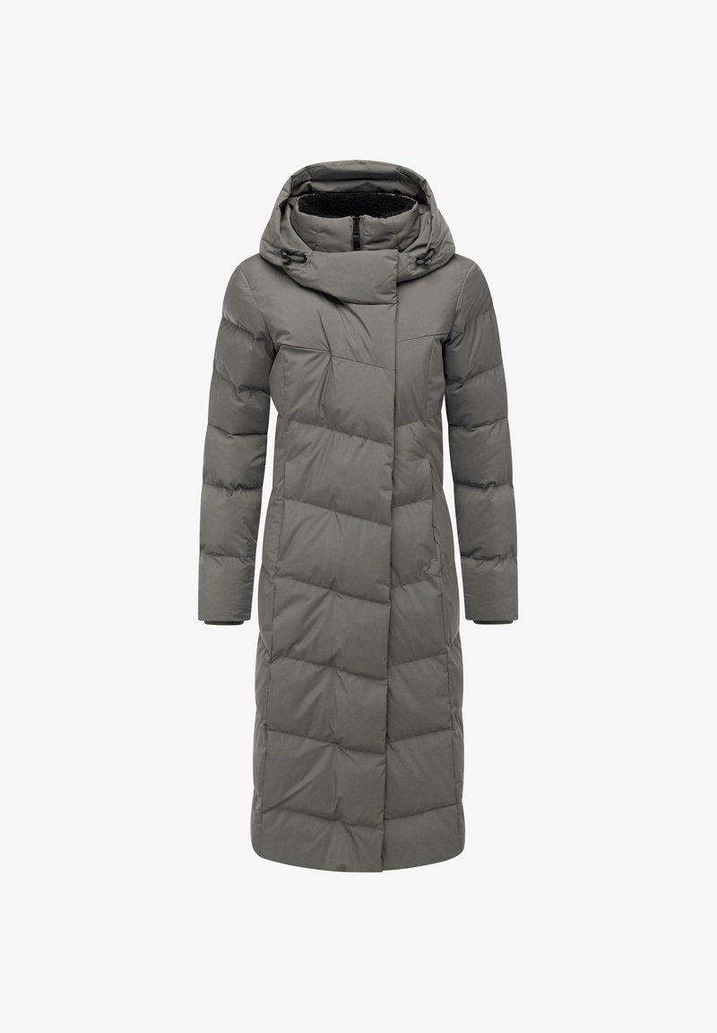 Cappotto gonfiabile grigio con cappuccio, caratterizzato da un design lungo, texture trapuntata e chiusura con zip. Accentuato da lacci sul cappuccio.