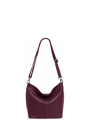 Deep burgundy leather shoulder bag with a smooth texture, curved top, adjustable strap, and silver hardware accents on the strap.