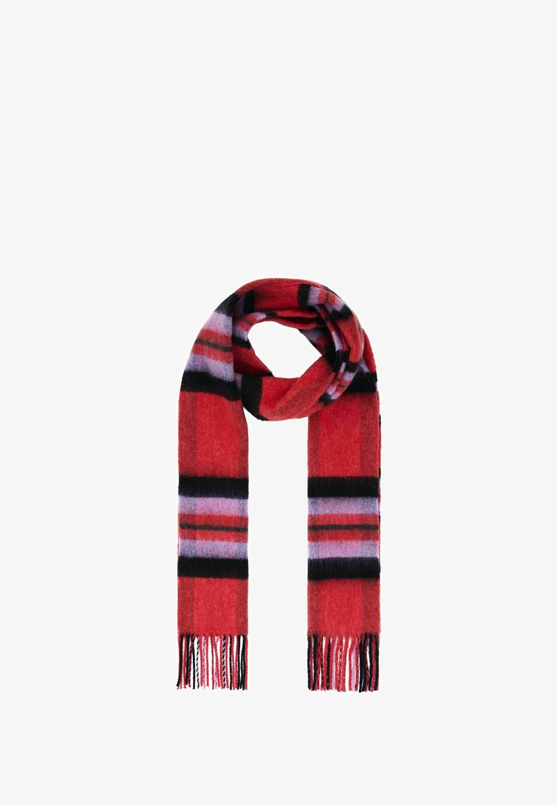 Punane villane sall horisontaalsete triipudega mustas, roosas ja lavendlis. Omab narmendavaid otste ja pehmet, tekstureeritud viimistlust.