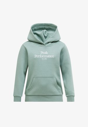 Mintgrøn hættetrøje lavet af blødt stof med kængurulomme, ribstrikkede manchetter og "Peak Performance Est. 1986" logo foran.