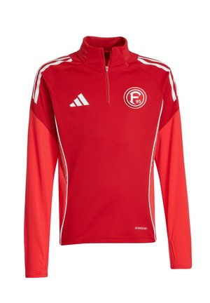 Haut de sport rouge à manches longues avec des bandes blanches sur les épaules, logo F95 sur la poitrine gauche, logo Adidas sur la poitrine droite et col à fermeture éclair un quart.