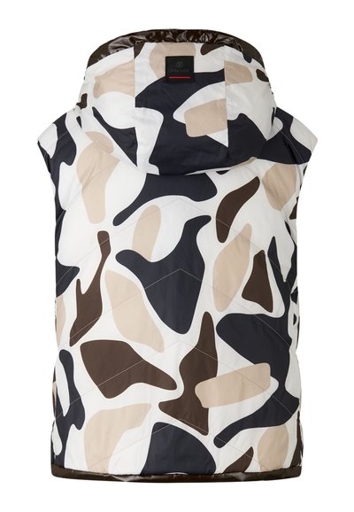 Kamizelka bez rękawów z kapturem, z wzorem wielokolorowego kamuflażu w odcieniach brązu, beżu i czerni. Pikowany wzór z błyszczącym wykończeniem.