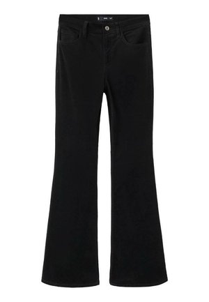 Czarne dzwony z denimu, z wysokim stanem, z pięcioma kieszeniami, o subtelnej fakturze z detalami przeszyć wzdłuż szwów.