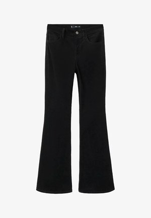 Black flared jeans made of denim, featuring a high waist, five-pocket design, and a subtle texture with stitching details along the seams.
