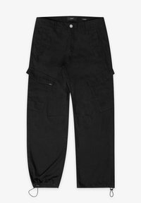 Schwarze Cargo-Hosen aus Baumwollmischung, mit mehreren Taschen, einem Kordelzug an den Bündchen und einem klassischen geraden Schnitt.
