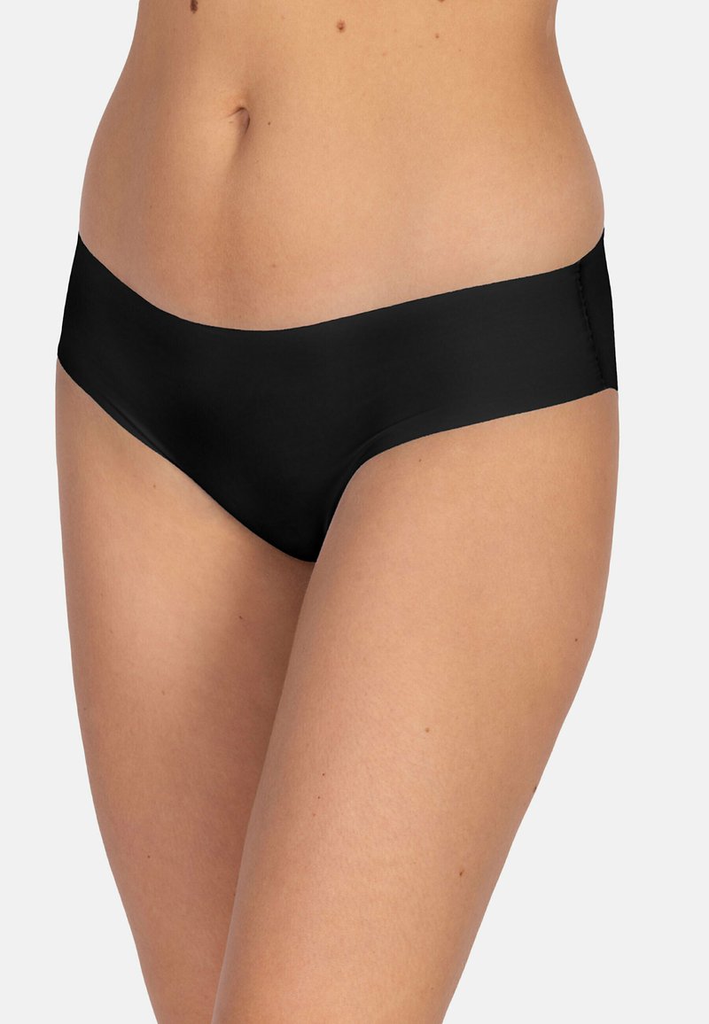 Schwarzer Bikiniunterteil mit glatter Textur und einem breiten Bund, der für Komfort und minimale Abdeckung sorgt. Nahtlose Kanten für ein elegantes Finish.