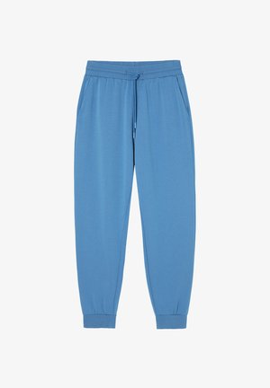 Helle blaue Jogginghosen aus weichem Stoff, mit einem elastischen Bund und Kordelzug, Seitentaschen und schmal zulaufenden Bündchen.