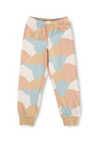 Cotton pajama pants featuring a multicolored, abstract pattern with soft peach, blue, and beige shapes; elastic waistband and cuffs.