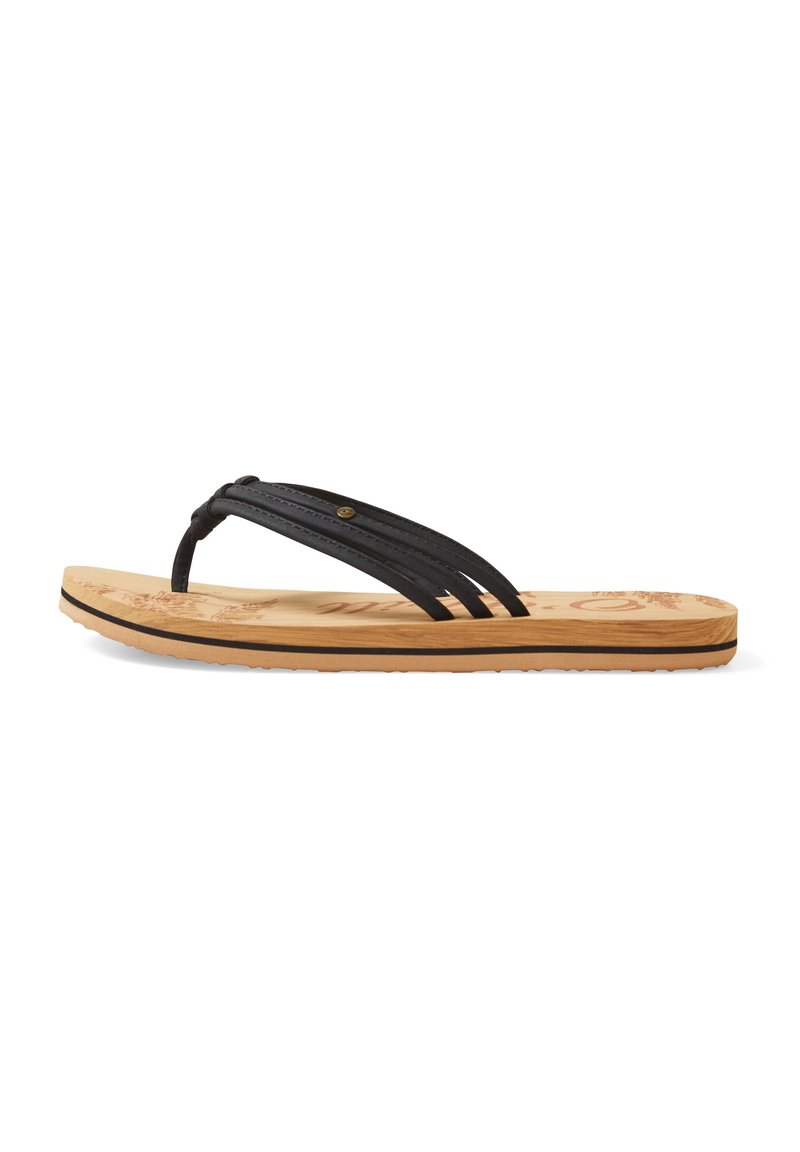 Black flip-flop sandals with two straps, textured brown sole, and floral pattern on the footbed. Features a small metal accent.