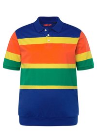 Polo triko s krátkým rukávem, s horizontálními pruhy v oranžové, žluté, zelené a modré barvě. Vyrobeno z bavlny, s klasickým límečkem a třemi knoflíky.