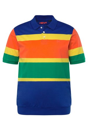 Lyhythihainen polo-paita, jossa on vaakasuoria raitoja oranssina, keltaisena, vihreänä ja sinisenä. Valmistettu puuvillasta, klassisella kauluksella ja kolmella napilla.