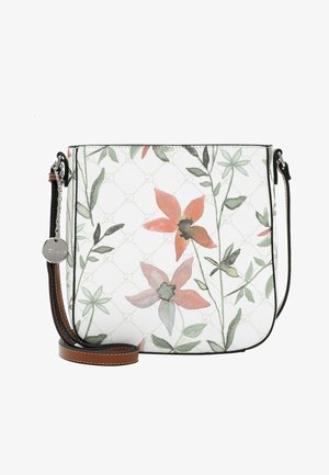 Sac à main floral en matériau synthétique blanc, avec des motifs de fleurs roses et vertes, une bordure noire, et une bandoulière détachable marron.