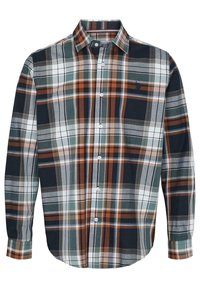 Koszula z długim rękawem, zapinana na guziki, w wielobarwną kratę w odcieniach granatu, pomarańczy, zieleni i bieli, z kołnierzykiem i haftem logo na klatce piersiowej.
