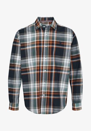 Langdurig mouwloze overhemd met een meerkleurig ruitpatroon in marineblauw, oranje, groen en wit, voorzien van een kraag en borduring op de borst.