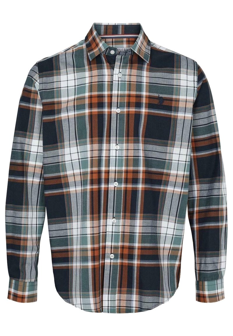 Koszula z długim rękawem, zapinana na guziki, w wielobarwną kratę w odcieniach granatu, pomarańczy, zieleni i bieli, z kołnierzykiem i haftem logo na klatce piersiowej.