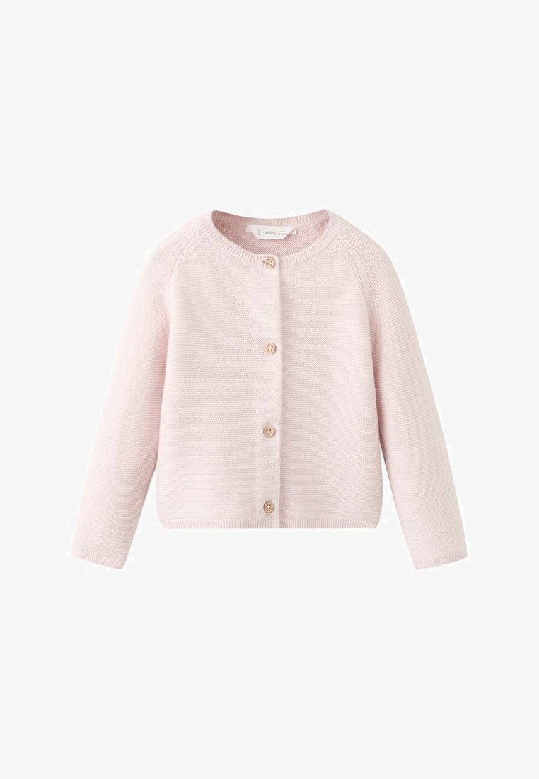 Cardigan lavorato a maglia di colore rosa chiaro con maniche lunghe, scollo rotondo e cinque bottoni in legno sulla parte frontale. Polsini e orlo a coste.