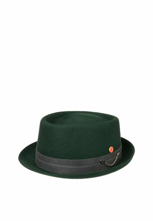 Dark green felt pork pie hat with a black band, small orange pin, and decorative chain on the side.