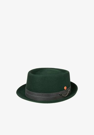Dark green felt pork pie hat with a black band, small orange pin, and decorative chain on the side.