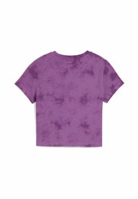 Fioletowa koszulka z efektem tie-dye z okrągłym dekoltem i krótkimi rękawami; miękki materiał z teksturowanym wzorem; krótki krój.