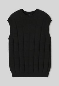 Pull sans manches en tricot noir avec un motif texturé en grille, encolure ronde et bords côtelés. Matériau léger, design simple.