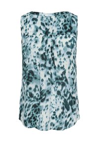 Débardeur sans manches présentant un motif léopard bleu et blanc, fabriqué en tissu léger avec une coupe ample et un détail plissé à l'arrière.