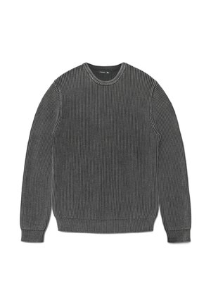 Szary sweter z prążkowanego materiału, z okrągłym dekoltem i długimi rękawami. Posiada strukturalną tkaninę i dopasowany dół, wykonany z miękkiego, trwałego materiału.
