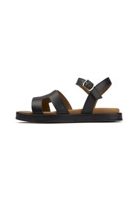 Black leather sandals with a flat sole, open toe design, and adjustable ankle strap. Features a subtle texture and contrasting brown insole.