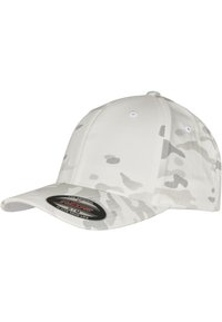 Hvid kasket med lys grå camo mønster, lavet af bomuld, med en buet skygge og et mærke, der viser "Flexfit S/M."