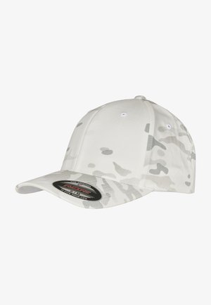 White cap with light grey camo pattern, made of cotton, featuring a curved brim and a tag displaying "Flexfit S/M."