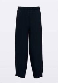 Schwarze, elastische Bundweite, weite Hose aus leichtem Stoff. Verfügt über eine glatte Textur ohne sichtbare Muster oder Akzente.