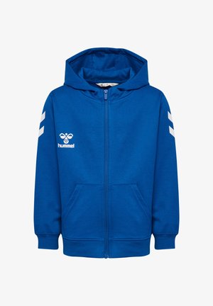 Blauwe capuchontrui met ritssluiting, voorzakken, witte chevronstrepen op de mouwen en wit hummel-logo op de linkerborst.