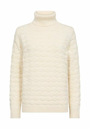 Cremfarbener Rollkragenpullover mit einem strukturierten, wellenförmigen Muster, langen Ärmeln und gerippten Bündchen. Hergestellt aus einem dicken Strickmaterial.