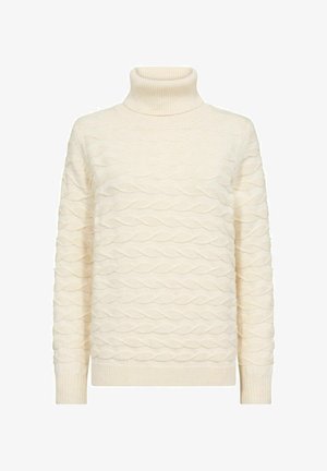 Krēms krāsas augsts kakls ar strukturētu viļņotu rakstu, garām piedurknēm un ribinātām aprocēm. Izgatavots no blīva dzijas auduma.